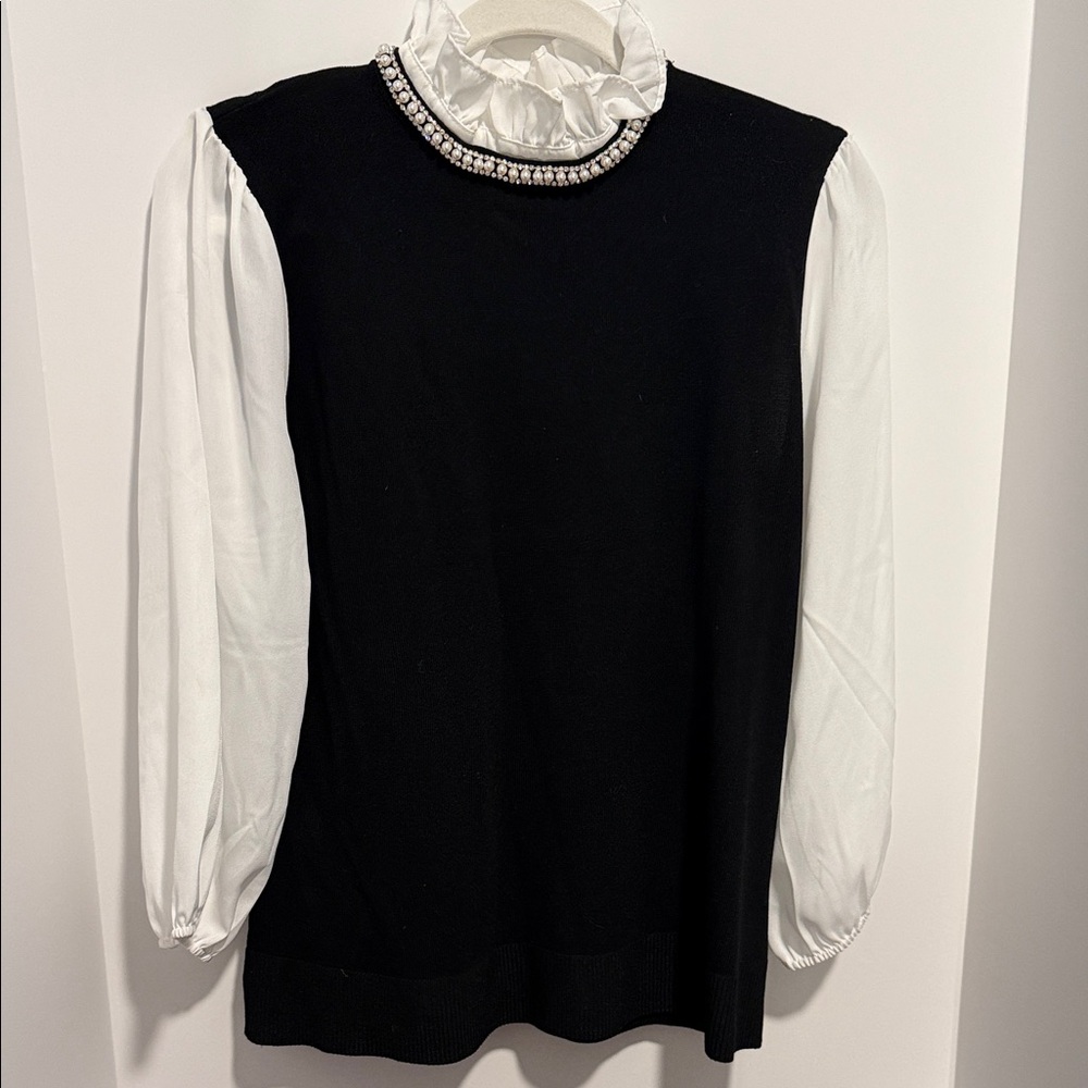 Cable & Gauge Black and White Blouse with Beaded Collar